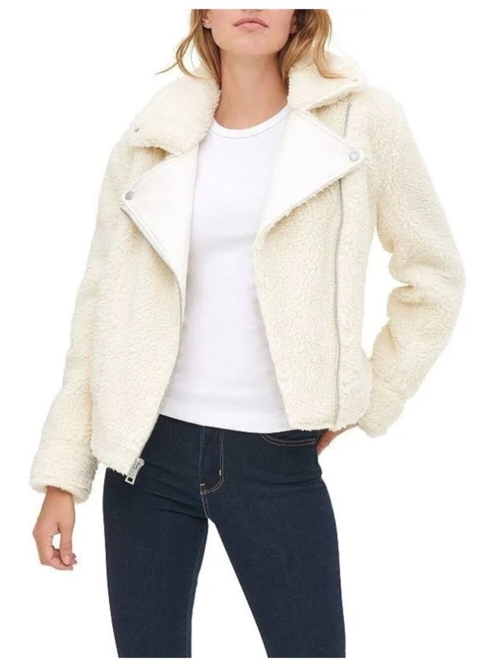 Levi’s Women's Cream Sherpa Moto Jacket Coat Size Large Teddy Ivory Cozy
